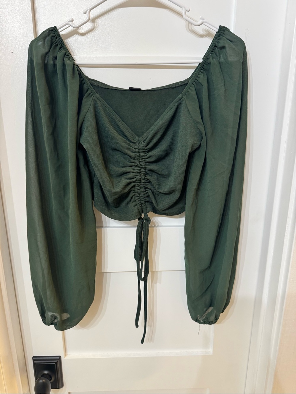 Women’s Dark Green Ruched Peasant Crop Top
